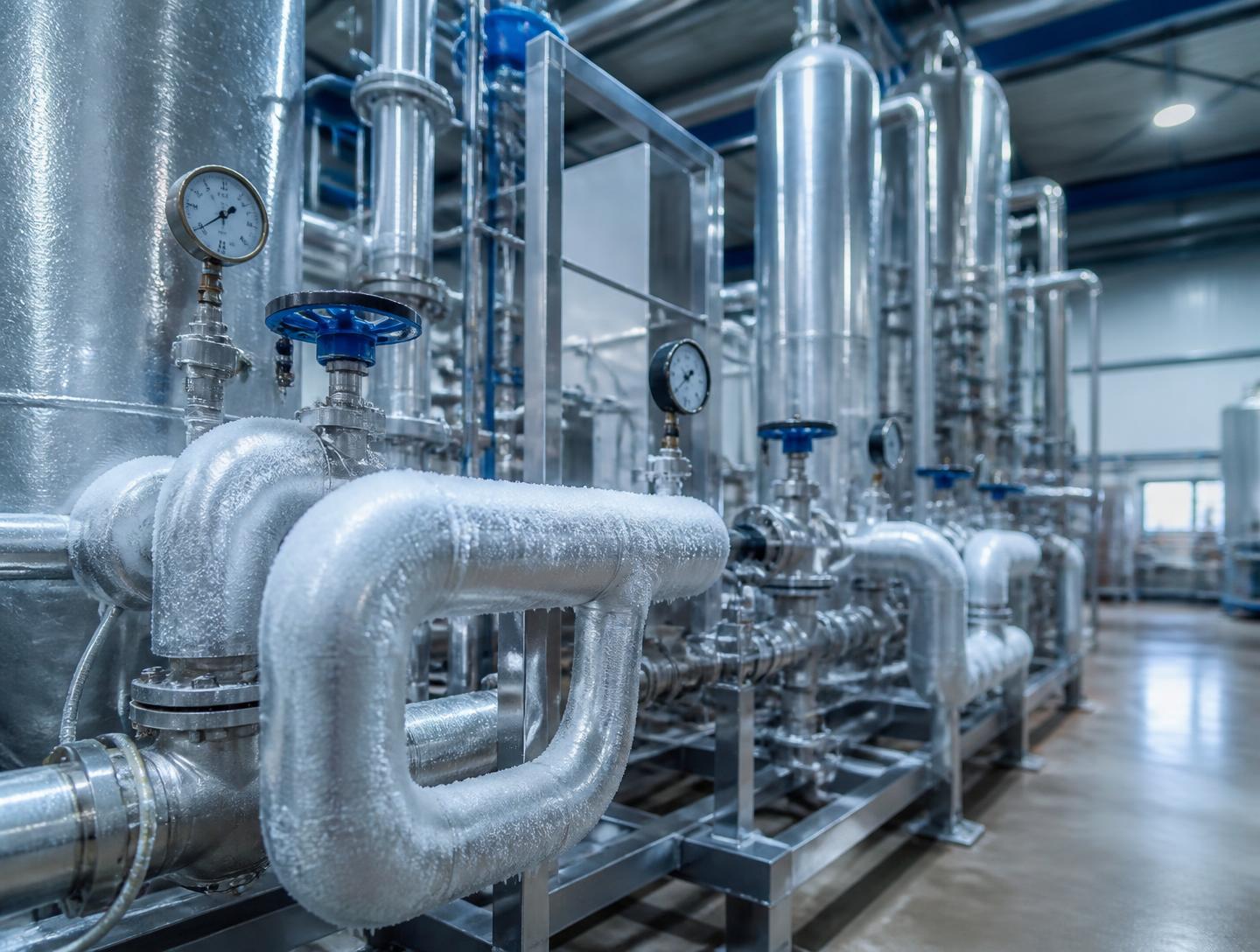 Intérieur d'une unité de purification cryogénique : tuyauteries calorifugées givrées, vannes et manomètres